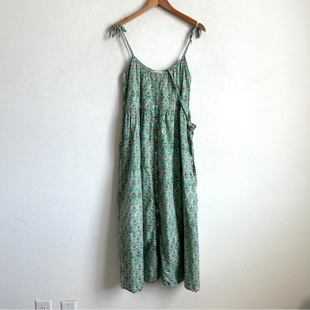 Marea Siesta Midi Dress Medium Tiered Lined Floral Block Print Boho Green